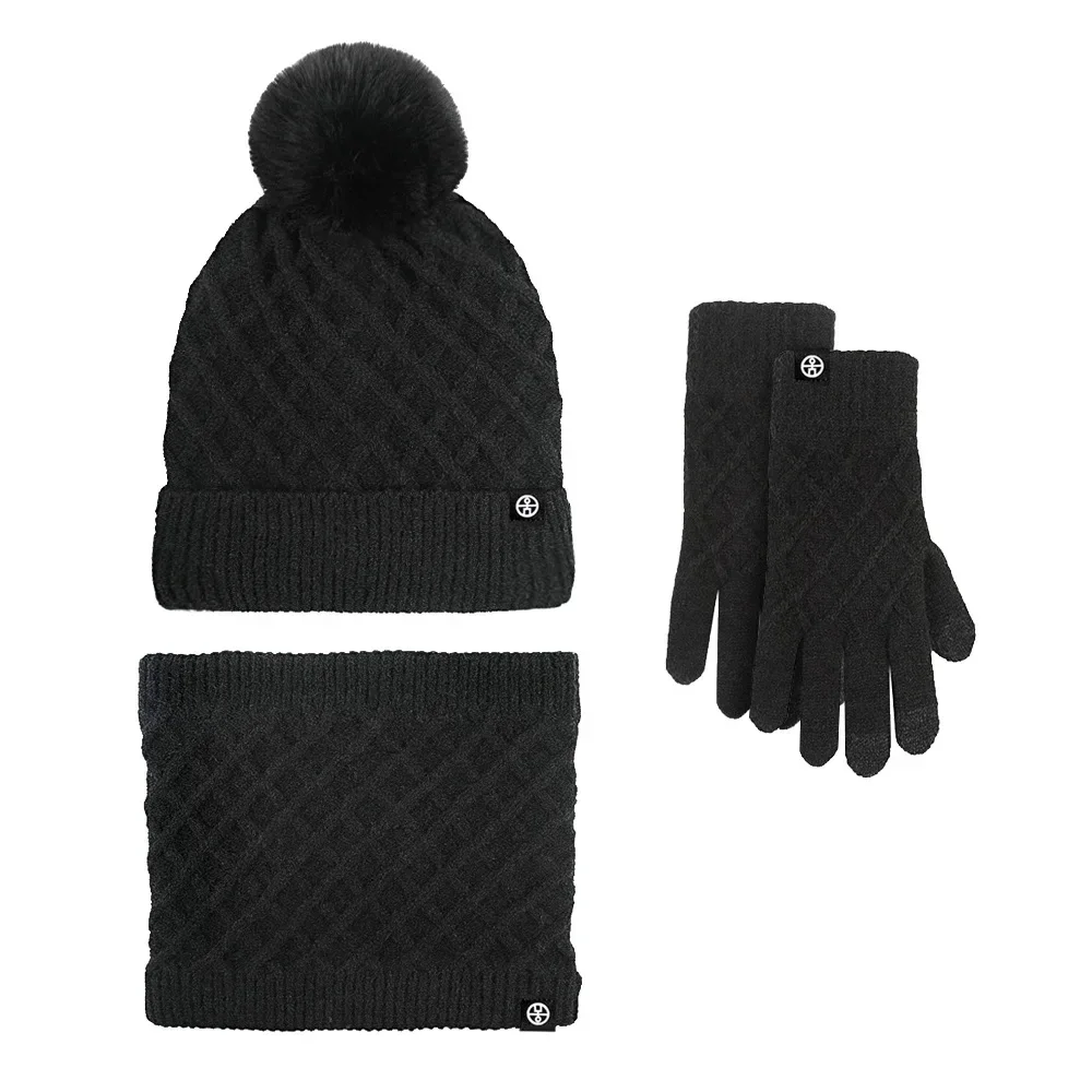 3 unids/set gorro de invierno bufanda guantes para pantalla táctil conjunto para mujer gorro forrado de lana de punto cálido conjunto gorra de bola de piel de zorro Real