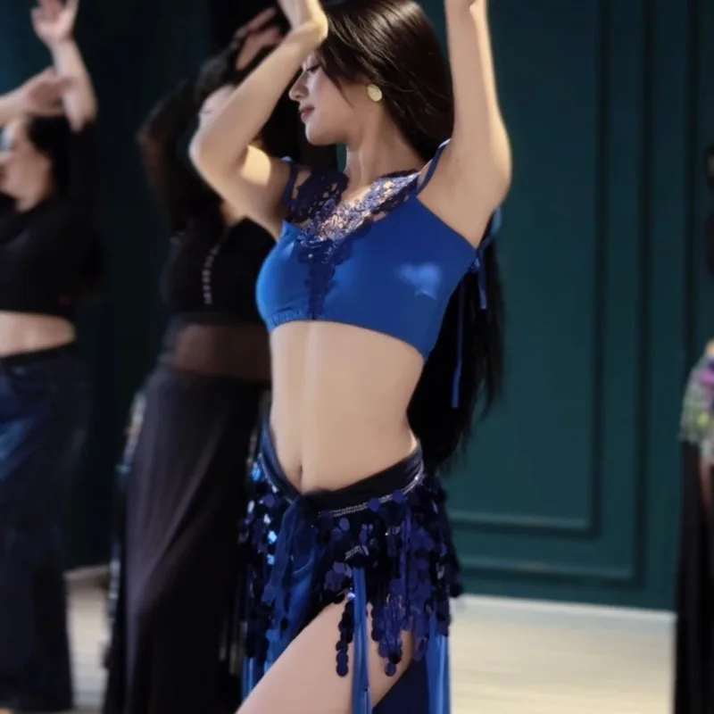 カスタマイズされたベリーダンス衣装新しいセットパフォーマンスドレスクラスドレスセクシーな気質練習服ブルーレース初心者