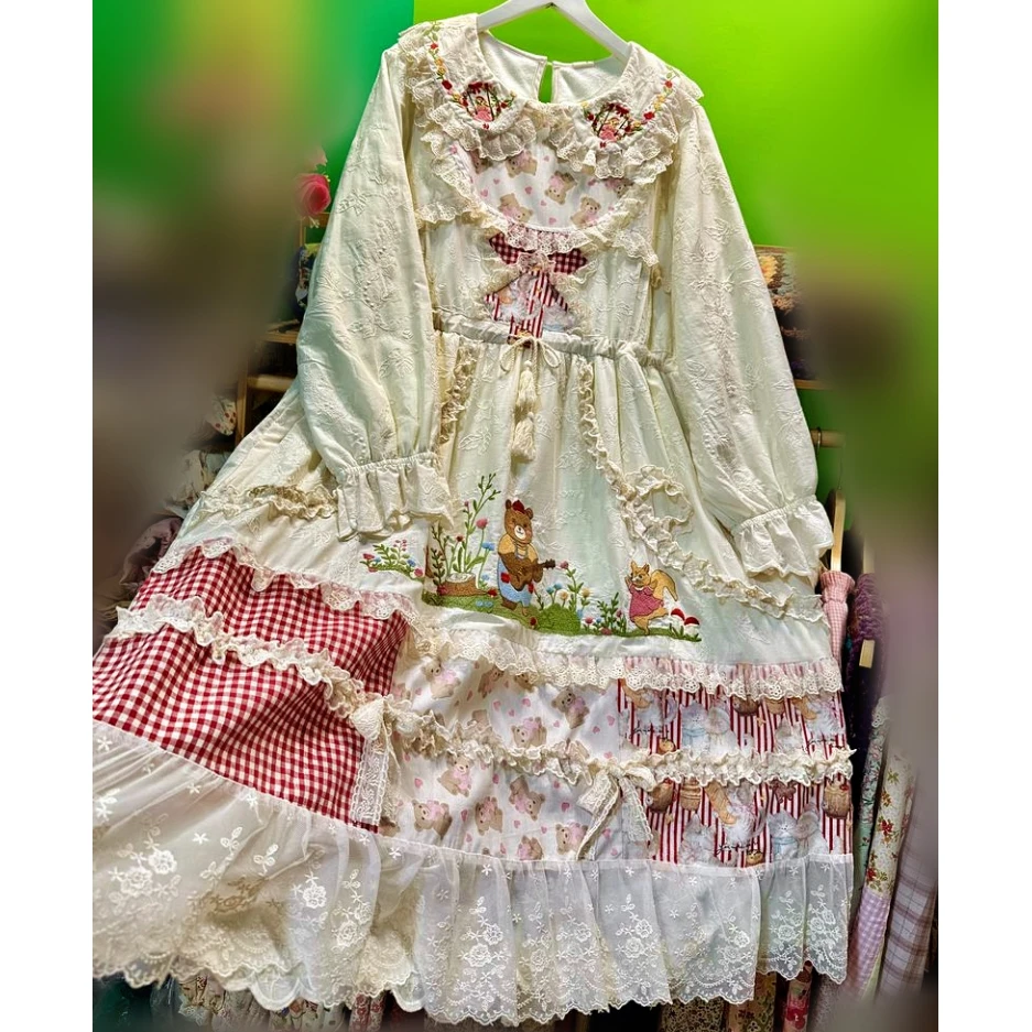 

Winter Fleece Cotton Sweet Lolita Kawaii Patchwork Long Dress 2025 Female Japanese Goblincore Harajuku Vintage Lace Midi Dress