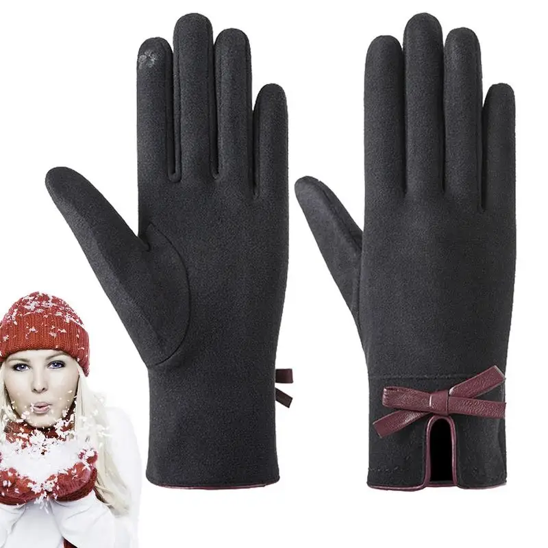 

Fleece Gloves Womens Winter Warm Gloves Windproof Soft Warm Cozy Sports Winter Texting Gloves With Bow Cuff For Mens Womens Kids