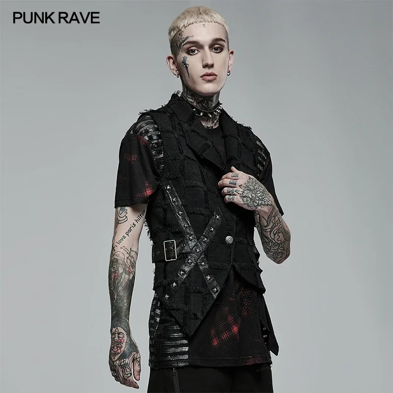 PUNK RAVE Men\'s Gothic Asymmetric Personality Twill Black Vest Casual Handsome Tank Top Back Hollow Out Design Four Seasons