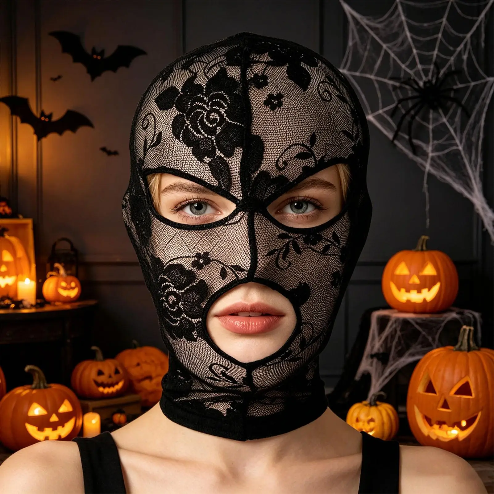 Vintage Lace Face Hood Women Halloween Costume Mask Gothic Cosplay Headpiece Black Hollow Out Veil for Party Photoshoot Prop - view 2