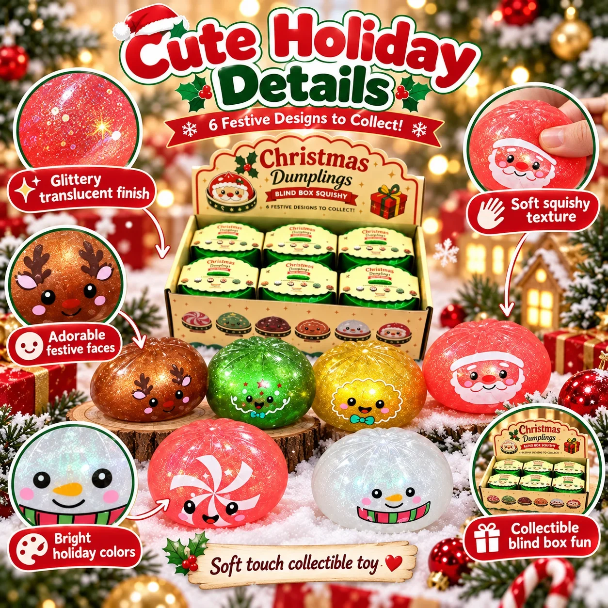 Christmas Dumpling Squishy Blind Box 1-5PCS TPR Slow Rising Squeeze Fidget Sensory Stress Relief Holiday Surprise Gift Pack