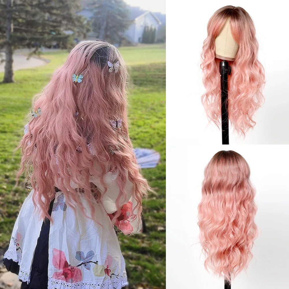 HENRY MARGU Long Curly Wig Pink Brown Ombre Synthetic Wigs with Bangs Cosplay Christmas Wig Heat Resistant for Women Daily Use