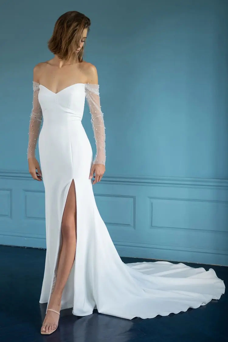 Robes de mariée sirène à manches longues perlées simples, gaine chérie, train de balayage, sur mesure, Rode De Morrie, 2024