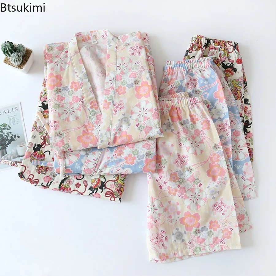 New 2025 Women's Summer Sleepwear Short Sleeve Short Sets Cotton Gauze Home Clothing Cute Sweetness Two Piece Pajamas Set Female