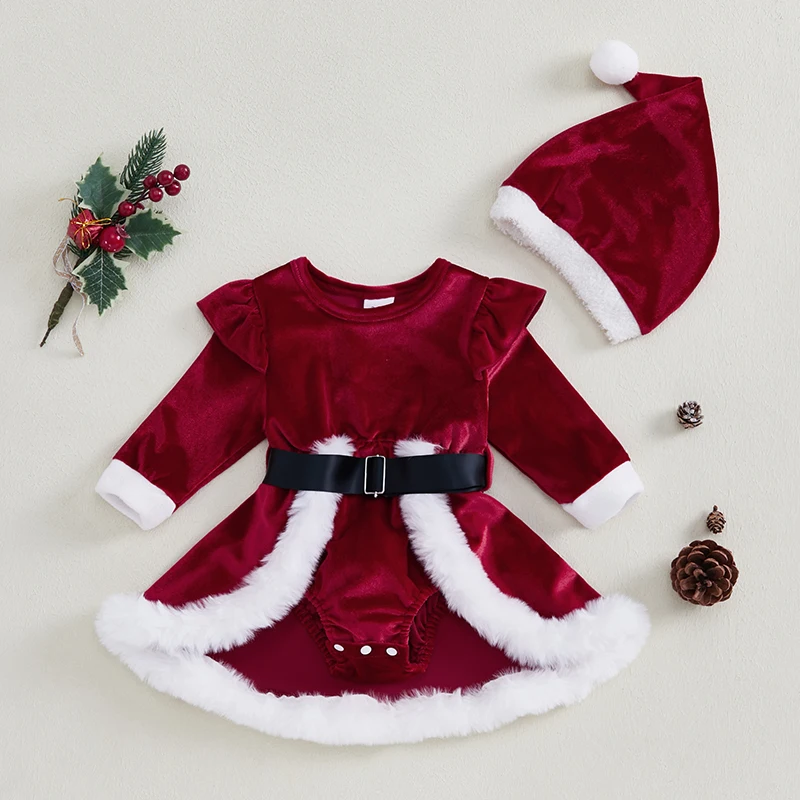 

Baby Girls Velvet Romper Dress Terry Trim Long Sleeve Santa Jumpsuit Christmas Hat Adorable Outfits