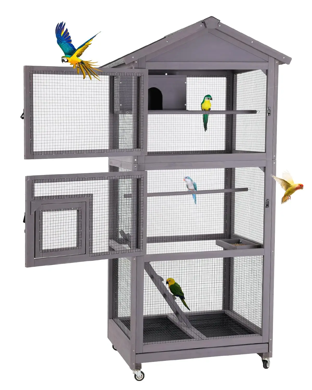 Wooden Large Bird Cage with Wheels – Mobile Outdoor Aviary with Play Stand, Perches & Nest, Easy-Clean Mesh Design