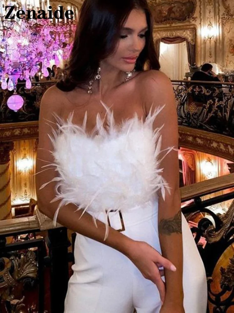 

Zenaide Strapless Jumpsuits with Feather for Women Sexy Overalls Elegant Tube Top, Backless Evening Party One Piece Autumn 2024