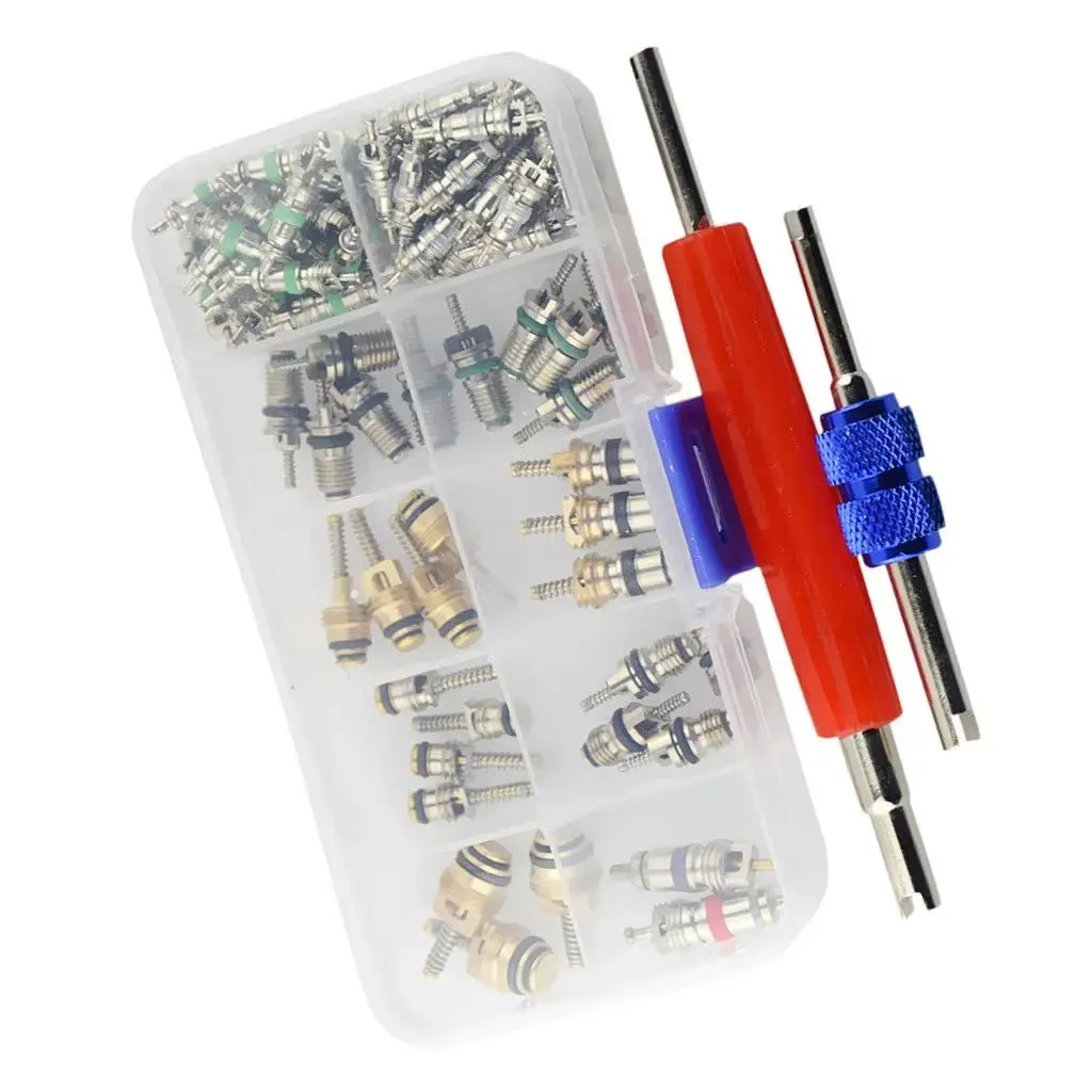 

102Pcs/set Car Air Conditioner Valve Cores Assortment A/C AC Shrader Valve Core & Tool R134 R12 HVAC Valves Kit Auto Accessories