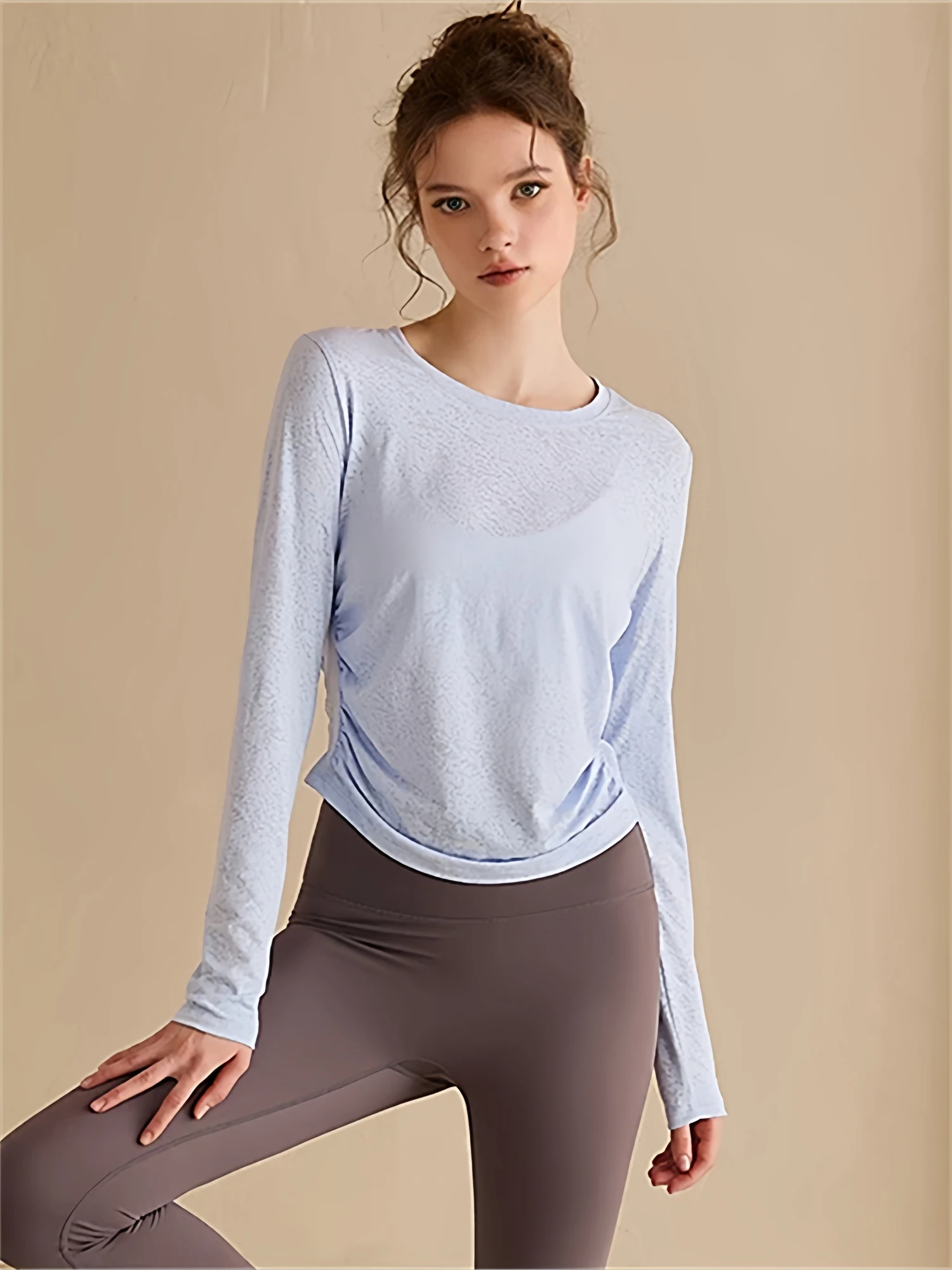 

Women's Yoga Top Loose Long Sve Fitn Running Sportswear Qui Dry Autumn Winter New Sle Embroidered Waist T-irt