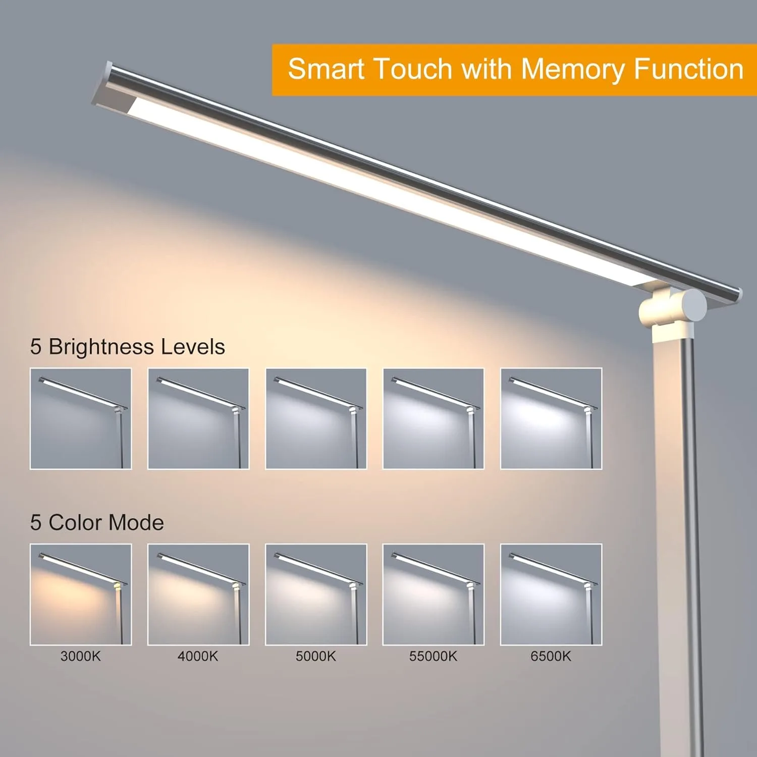 LED Desk Lamp Dimmable Table Lamp Reading Lamp with USB Charging Port, 5 Lighting Modes, Touch Control, 45 Minutes Timer