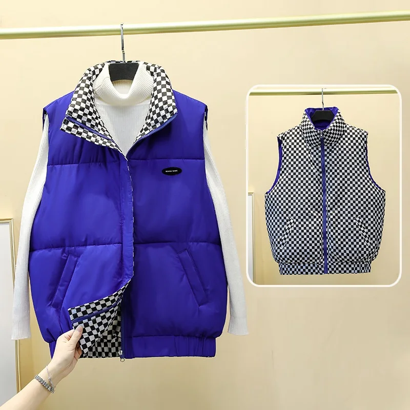 

Warm Autumn Winter Cotton Coats Plaid Women's Vest Jackets Double Sided Wearable Stand Collar Solid Sport Casual Tops New Parkas