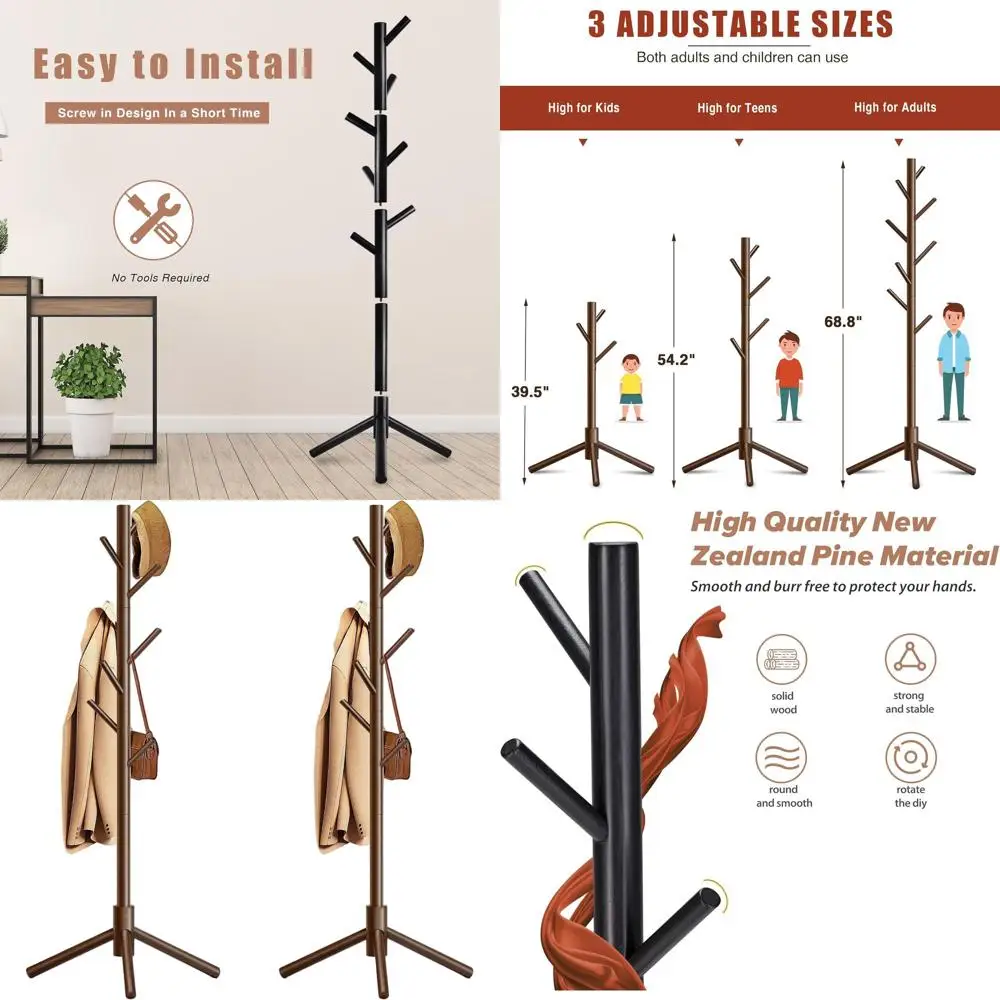 

Напольная вешалка для одежды с 8 крючками и регулируемой высотой для прихожей, спальни и коридора (коричневая, комплект из 2 шт.)