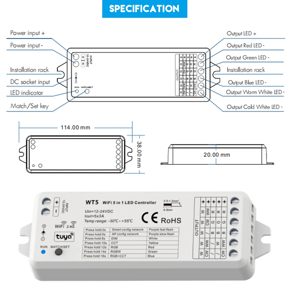 5 in 1 Tuya Zigbee Wifi LED Controller for RGBCCT RGBW RGB CCT LED Strips DC 12V 24V, Smart Life App, Support Alexa Google Home