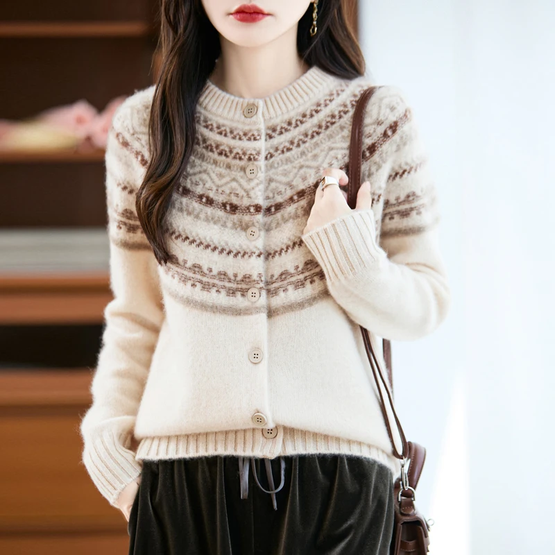 

Женский свитер из 100% мериносовой шерсти, кардиган, модный свитер с круглым вырезом, высококачественный мягкий вязаный свитер, свободный свитер с яркими пуговицами