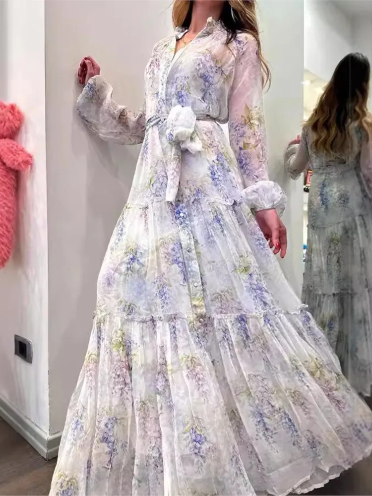 

Women's Chiffon Printed A-line Dress Elegant Lace-up Vestidos Sweet Elegant Dresses Fall Female Long Sleeve Party Long Dresses