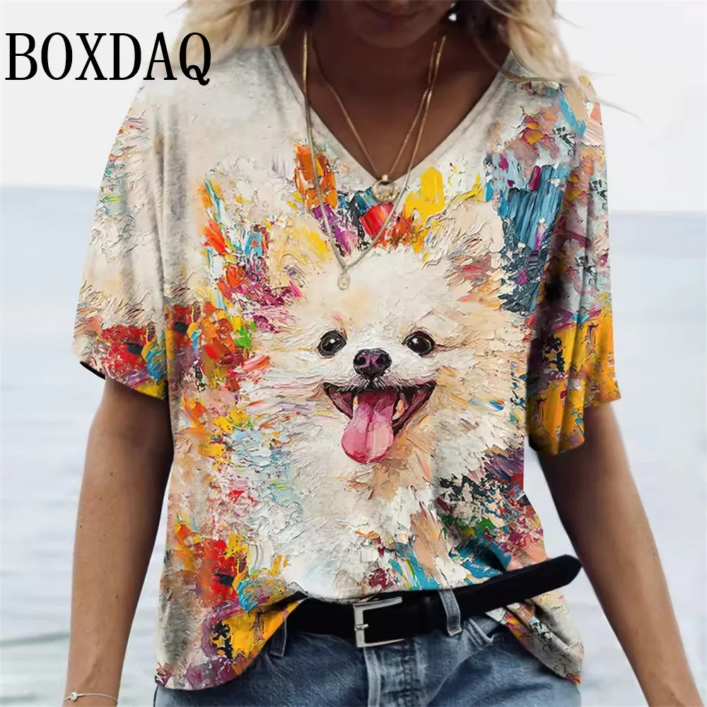 タイダイ染め油絵柄レディースTシャツ、プラスサイズ、夏、半袖、ルーズトップス、大きいサイズ、カジュアルファッション、Vネックプルオーバートップス、8XL