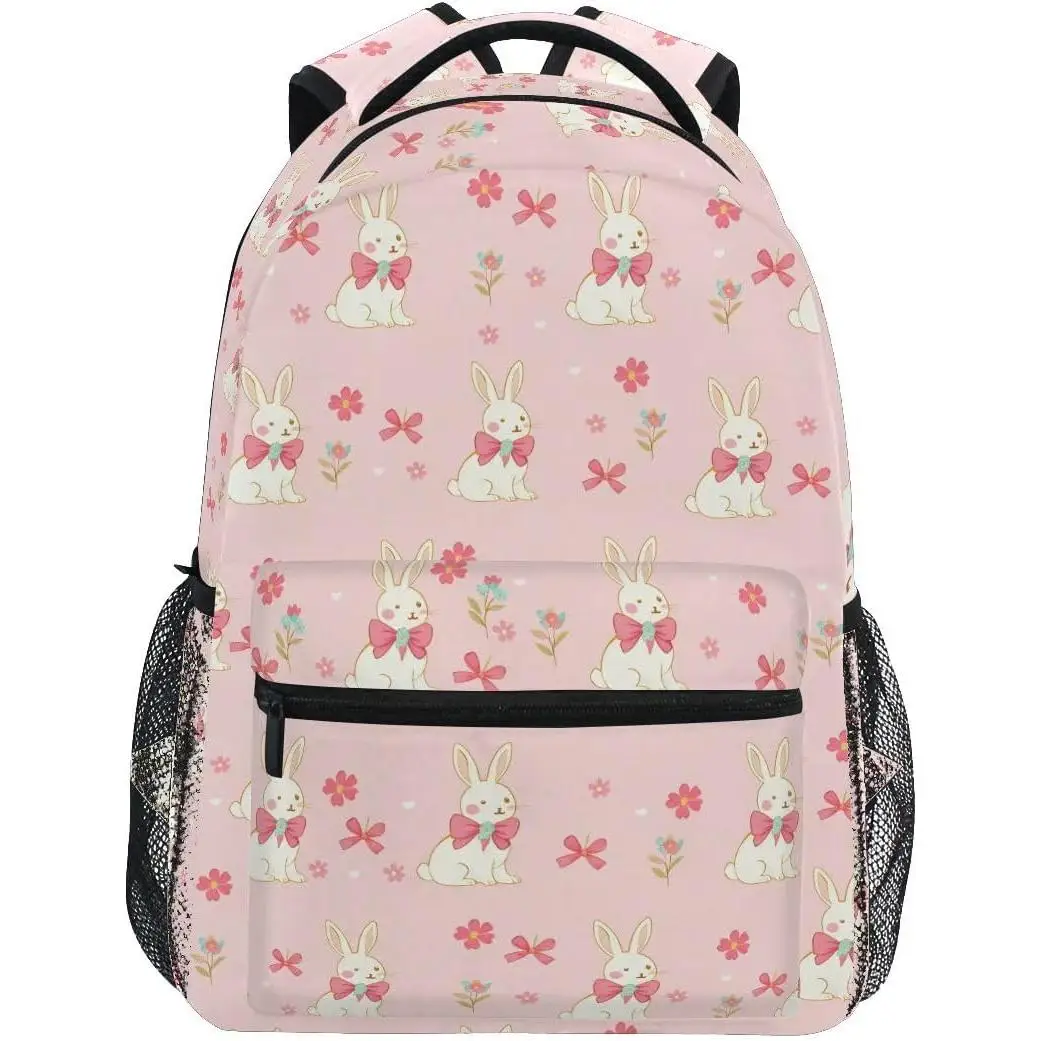 

Pink Bunny Bow Print Backpack Cute Rabbit Floral Pattern School Bag Casual Daypack For Girls Kids Students Travel Daily Use