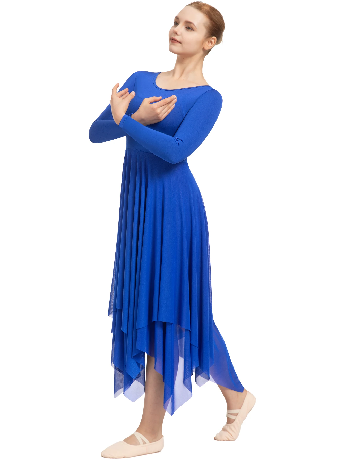 2024 Newest Praise Dance For Women Ballet Costume Dress Long Sleeve ,Double Layered Irregular Skirt,No Crotch And Lining