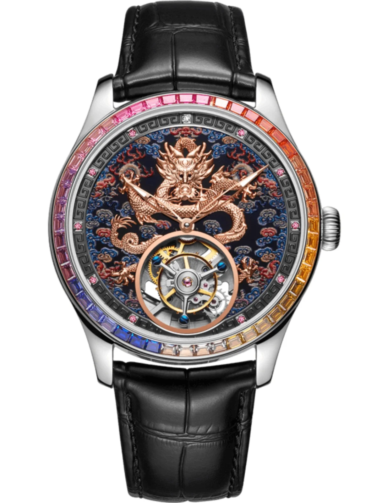 Orologio meccanico tourbillon completamente automatico da 42 mm con intarsio di diamanti autentici da uomo, cristallo di zaffiro