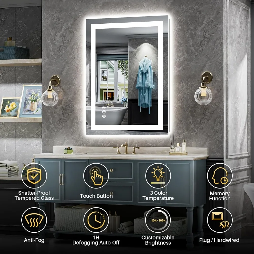 Miroir de salle de bain LED 24x32 pouces avec antibuée, lumières à intensité variable, fonction mémoire, verre trempé incassable