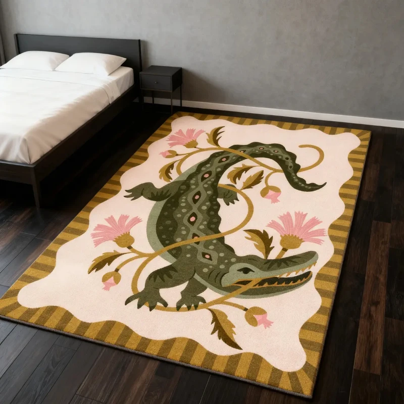 VIKAMA Chinese Flower Crocodile Printed Carpet Anti Slip Washable Living Room Bedroom Study Carpet Home Decoration