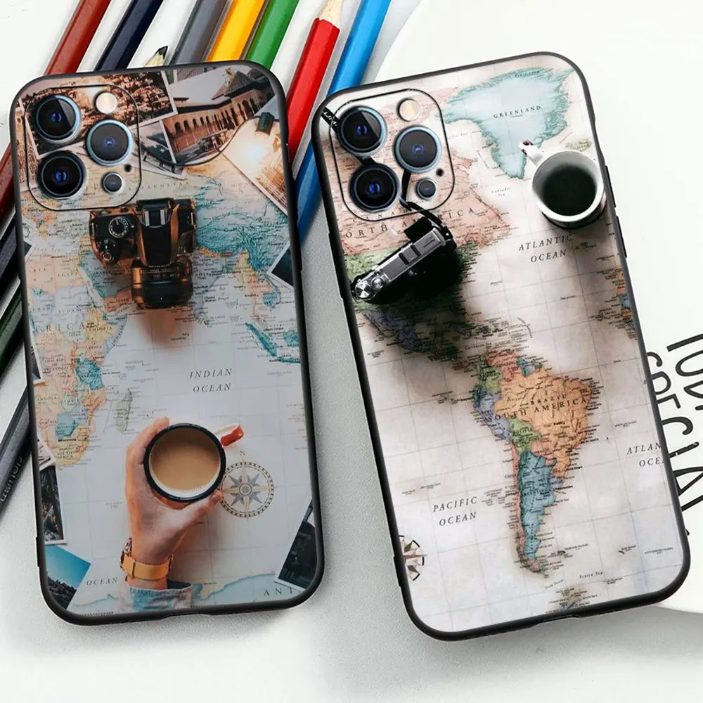 W-World M-Map Tourism Travel Airplan Plane Phone Case For Apple iPhone 15 14 13 12 11 Pro XS Max Mini 7 8 Plus 6S X XR SE Cover