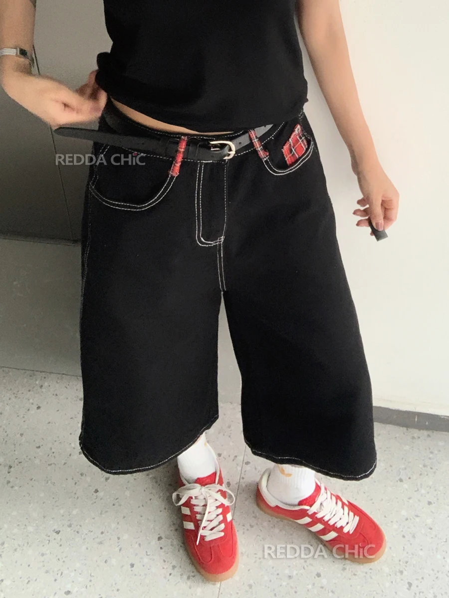 REDDACHiC Tartan Retro Patchwork Baggy Jorts Women Low Waist Black Wash Plaid Casual Wide Pants Summer Denim Shorts Y2k Clothes