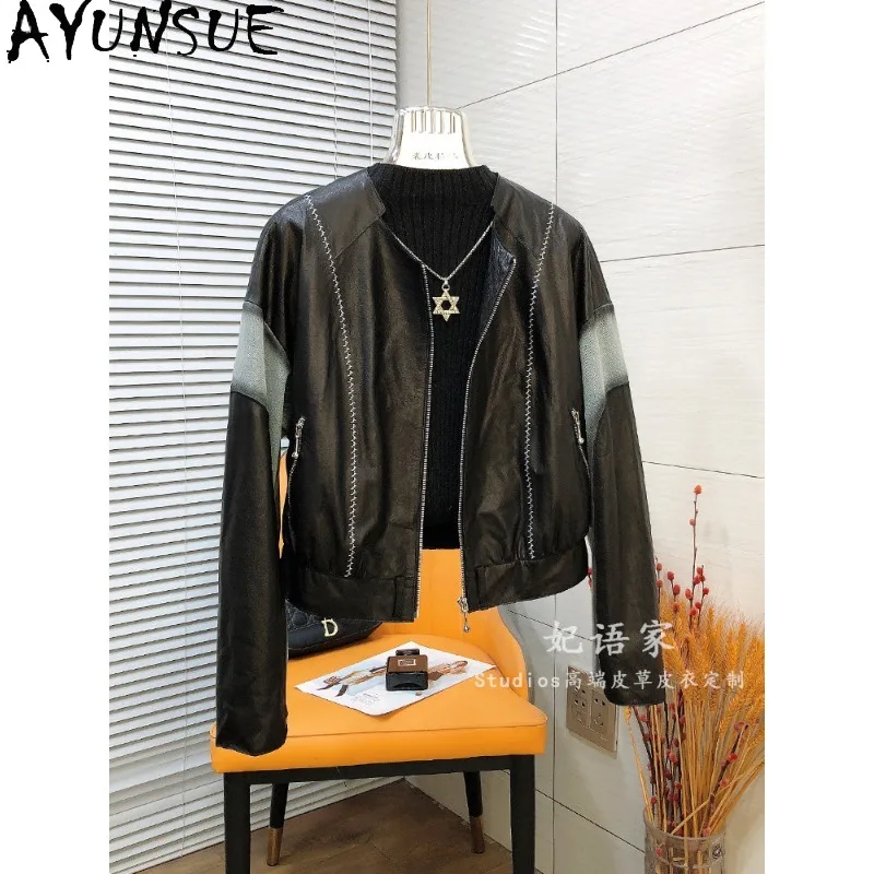 AYUNSUE Real Leather Jacket Woman Spliced Denim O-neck Outerwear Short Sheepskin Leather Jackets Clothes for Woman Jaqueta Couro