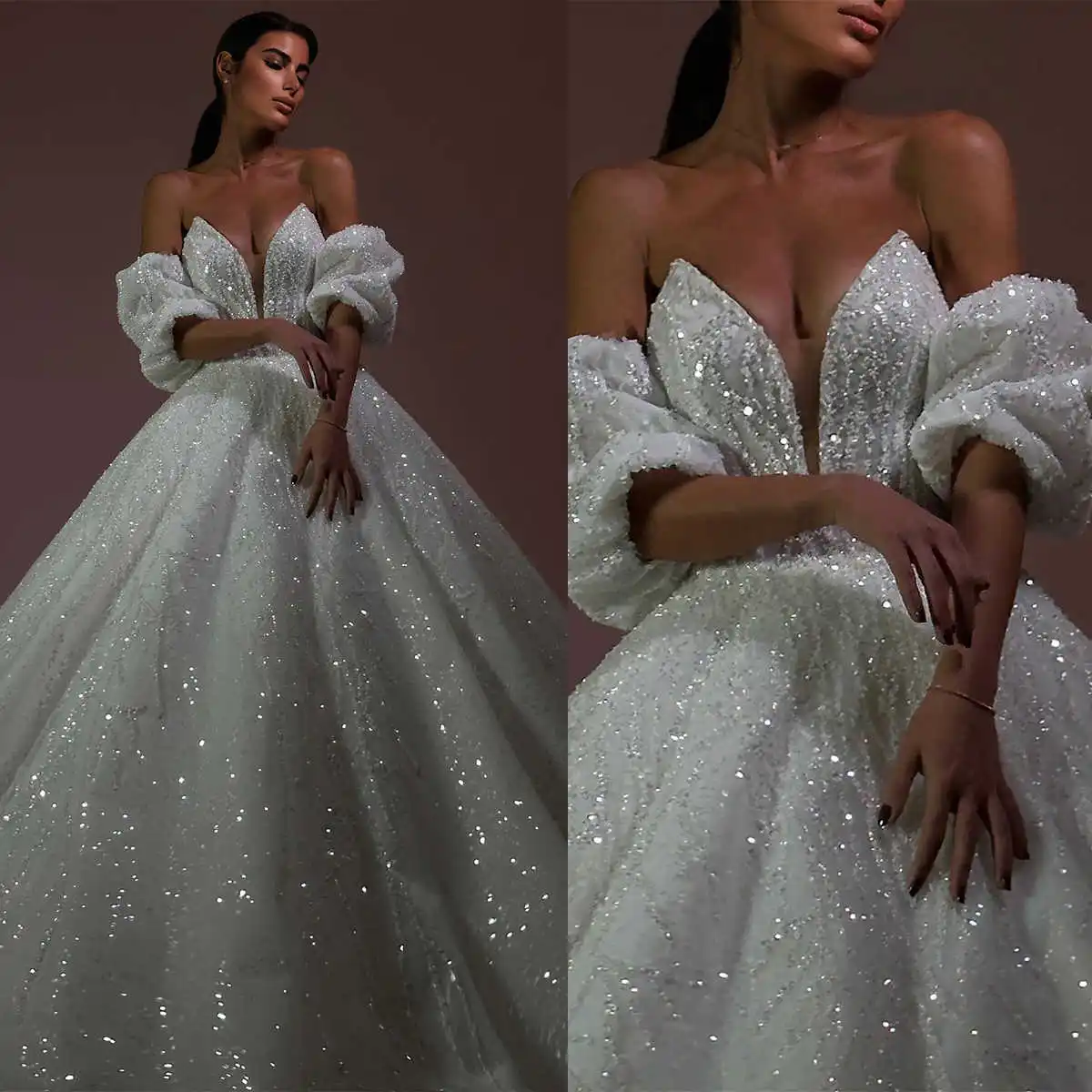 

Sparkling A-Line Gown Wedding Dresses Sequins Sweep Train V-Neck Bridal Gowns Big Size Custom Size Colour vestidos de novia