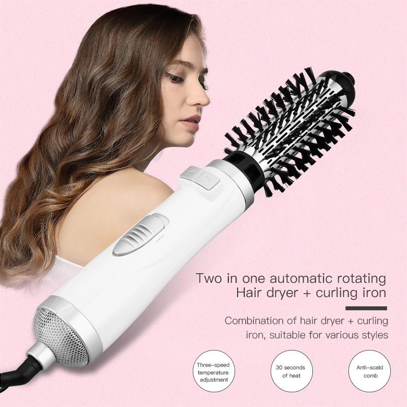 Rotating Hair Dryer Brush Electric Blow Drier Comb Hot Air Straightener Curler Iron One Step 2 Gears Blower Replaceable 2 Heads