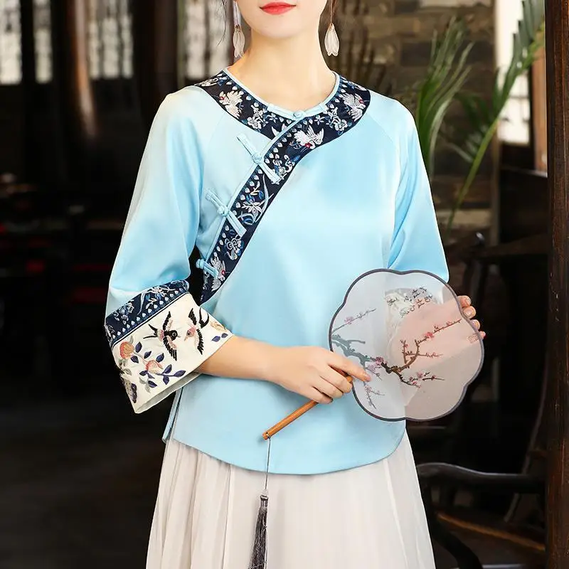 Tang-Chemisiers chinois brodés pour femmes, Cheongsams imbibés, Haut vintage, Hanfu, Vêtements traditionnels, Vêtements en lin