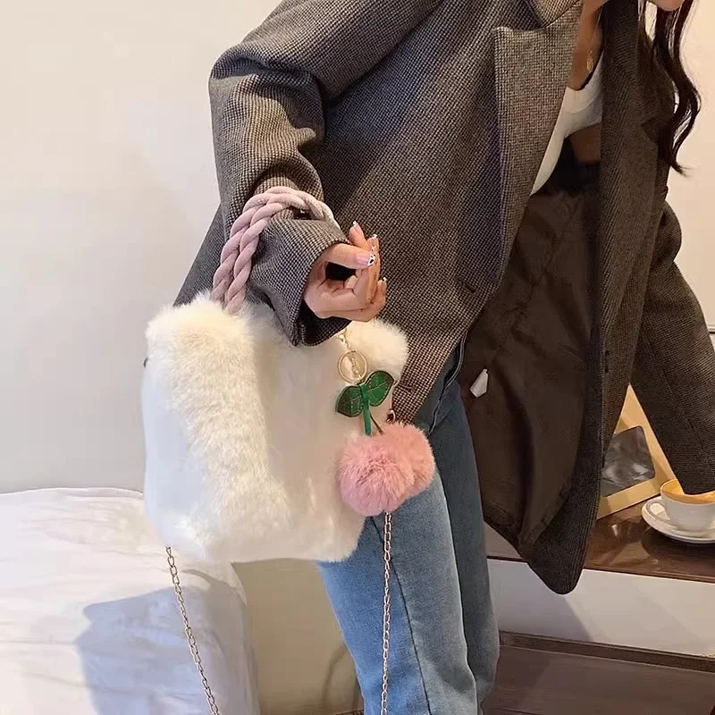 フェイクファー クロスボディバッグ レディース ふわふわ ポンポン付き チェリー柄 フリンジ ショルダーバッグ ハンドバッグ クラッチバッグ