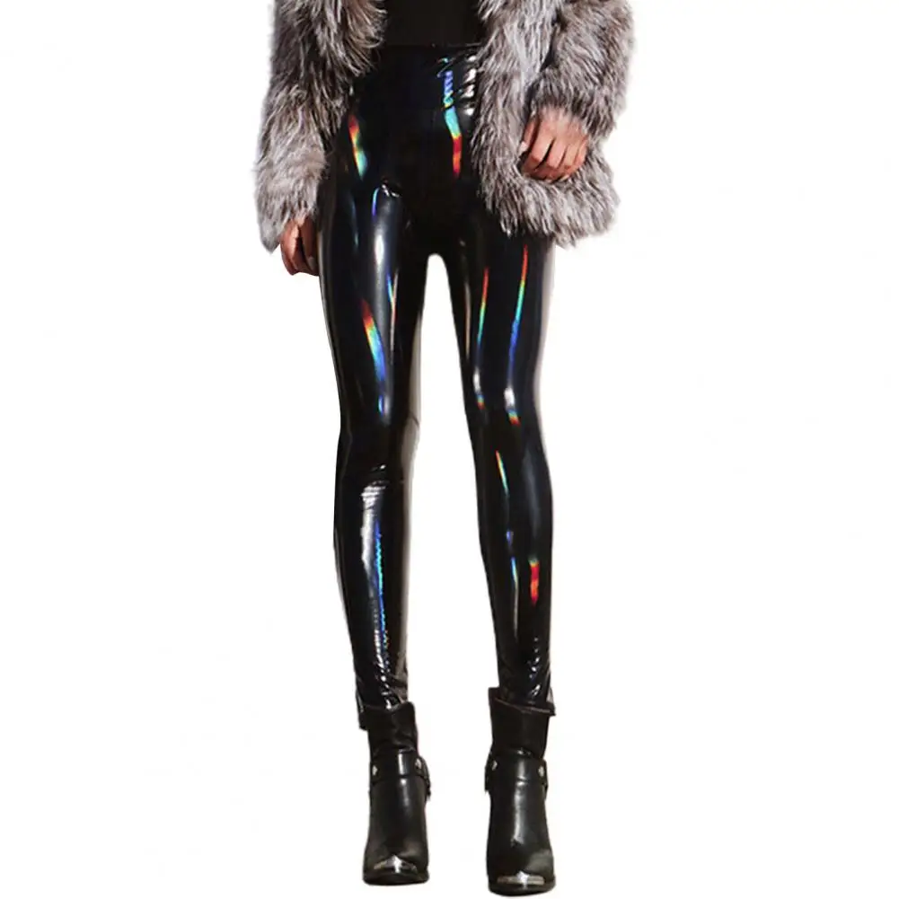 Sexy Shinny Women Leather Pants High Waist Mirror Slim Black Trousers Night Club Pencil Pants PU