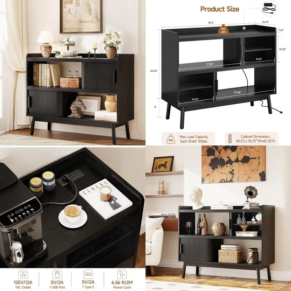 

44 Inch Sideboard Buffet Cabinet with Outlet, Open Storage Spaces, Fluted Design, and Sliding Door with Adjustable Shelves