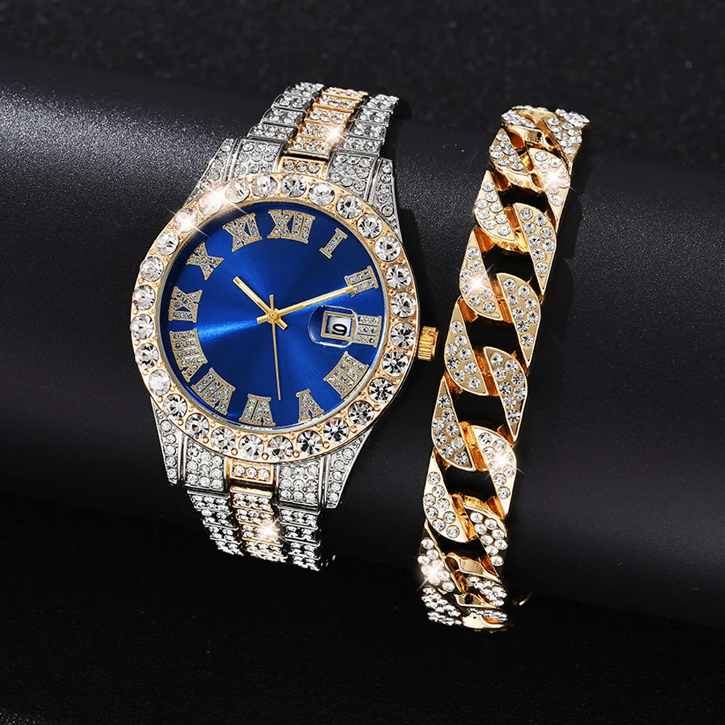 Reloj de acero inoxidable para Hombre, pulsera de 2 piezas con diamantes de imitación incrustados, estilo Hip Hop, Color dorado, calendario