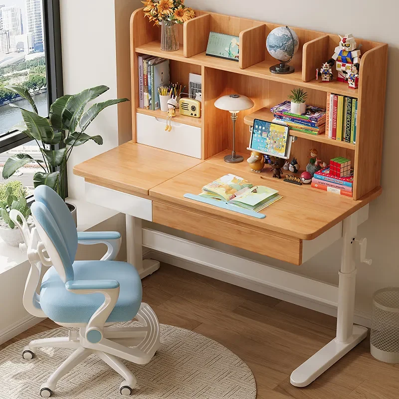 Solid Wood Kids Study Desk with Bookshelf Hand Crank Height Adjustable Writing Table for Student Bedroom Home Office Use