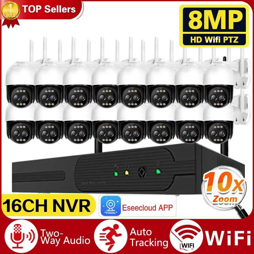 

16CH Wifi NVR 10X PTZ Zoom Dual Lens Security 4K 8MP Cam Intelbras Eseecloud System Auto Tracking Network Video Surveillance Kit