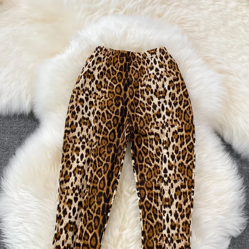 High-waisted Flared Pants Women Leopard Print Casual Trousers Female Elastic Waist Slim-fitting Pants Spring Autumn 2024 New