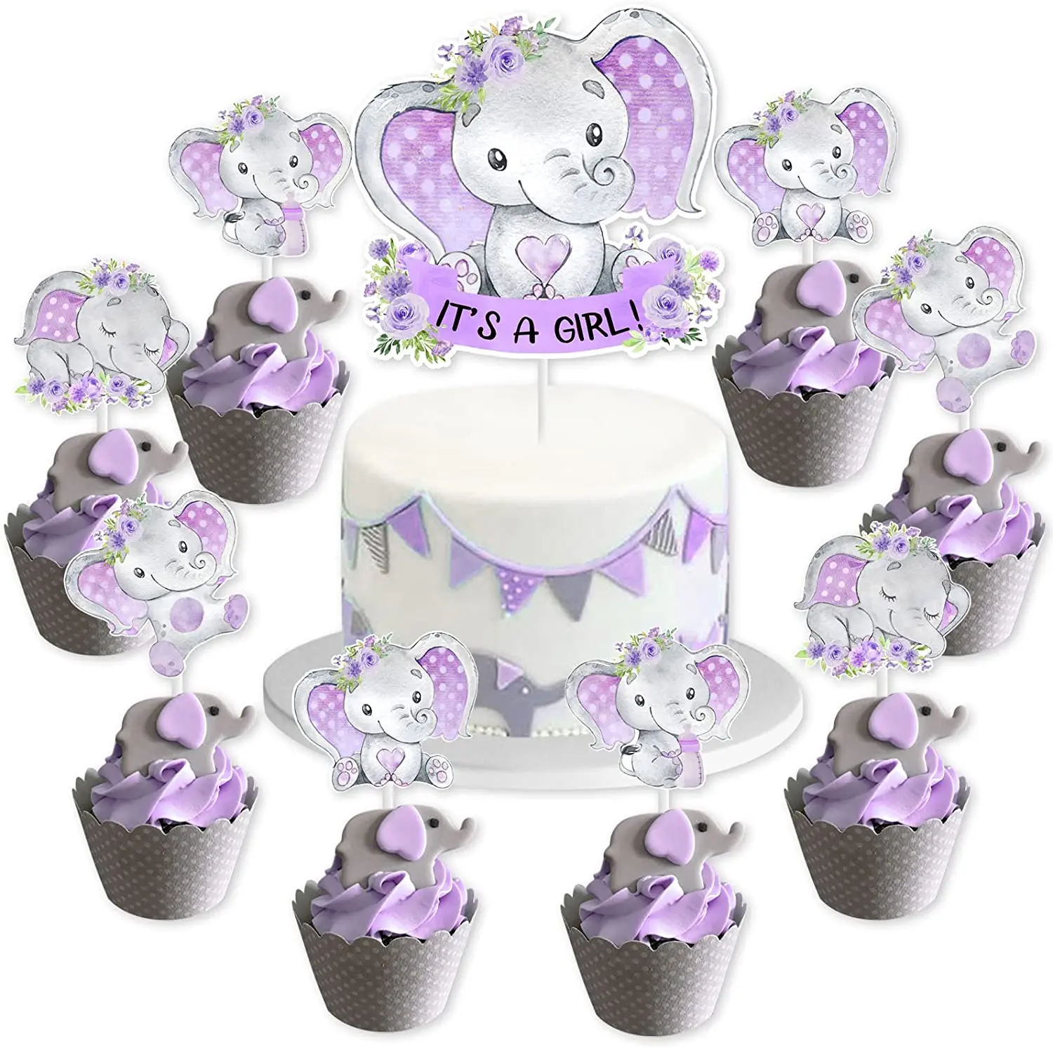 25 Pcs Elephant Baby Shower Cake Decorations Purple It's A Girl Baby Shower Cake Cupcake Toppers for Pregnancy Celebration