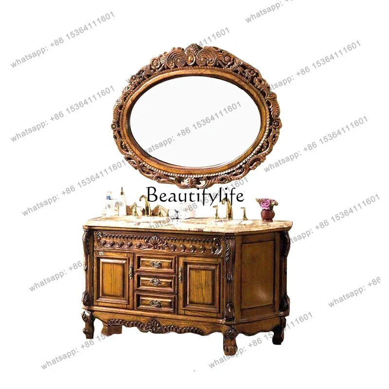 

European-Style Red Oak Antique Carved Bathroom Cabinet Floor Bathroom Cabinet Bathroom Washbasin Cabinet