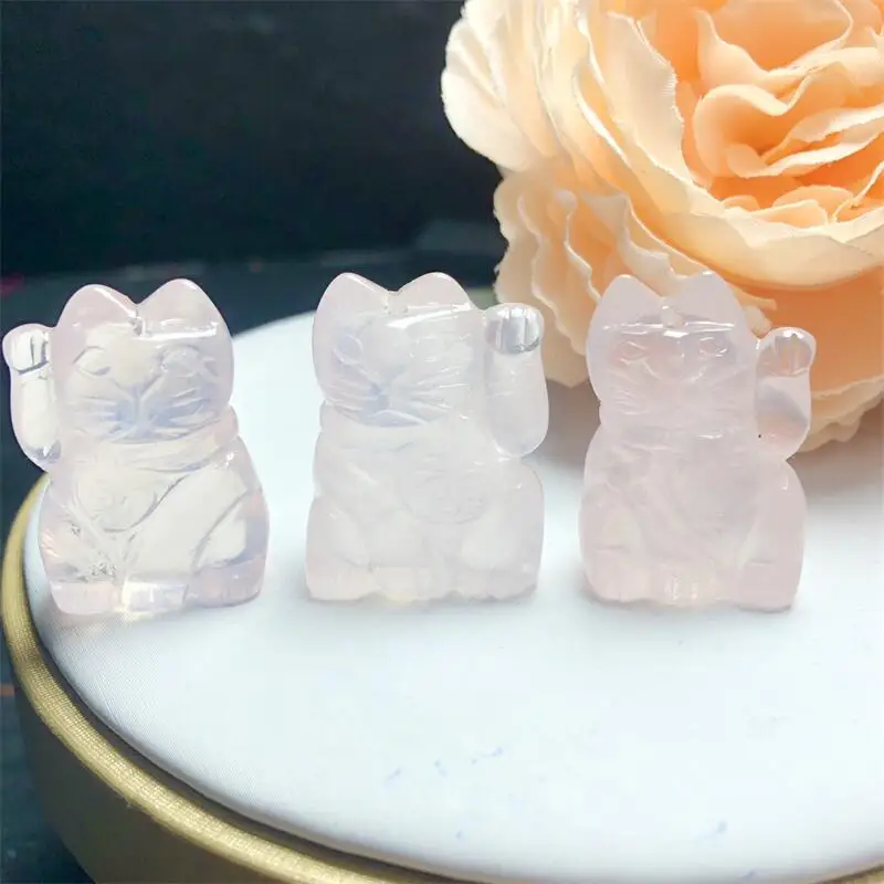 28MM Natural Rose Quartz Fortune Cat Carving Healing Gemstone Reiki DIY Jewelry Accessories Holiday Gift