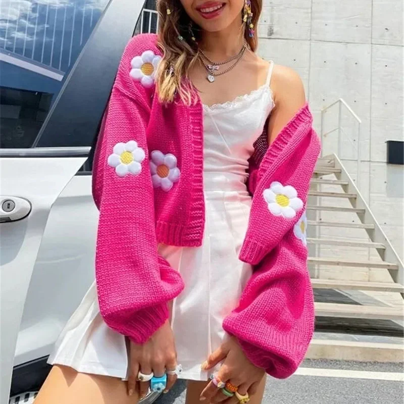 Cardigã de malha com bordados florais para mulheres, suéteres casuais para senhoras, casacos soltos com mangas de lanterna, casacos curtos femininos, outono e inverno