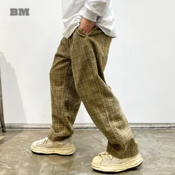 American Fashion Streetwear Loose Corduroy Checkered Trousers Men Clothing Japanese Harajuku Trendy Straight Casual Pants Male