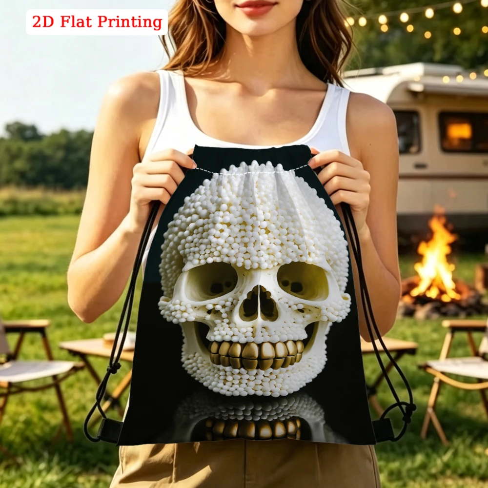Trendy, Drawstring Backpack, 3D Skull Print, Fitness Sports Bag, Outdoor Travel Sack
