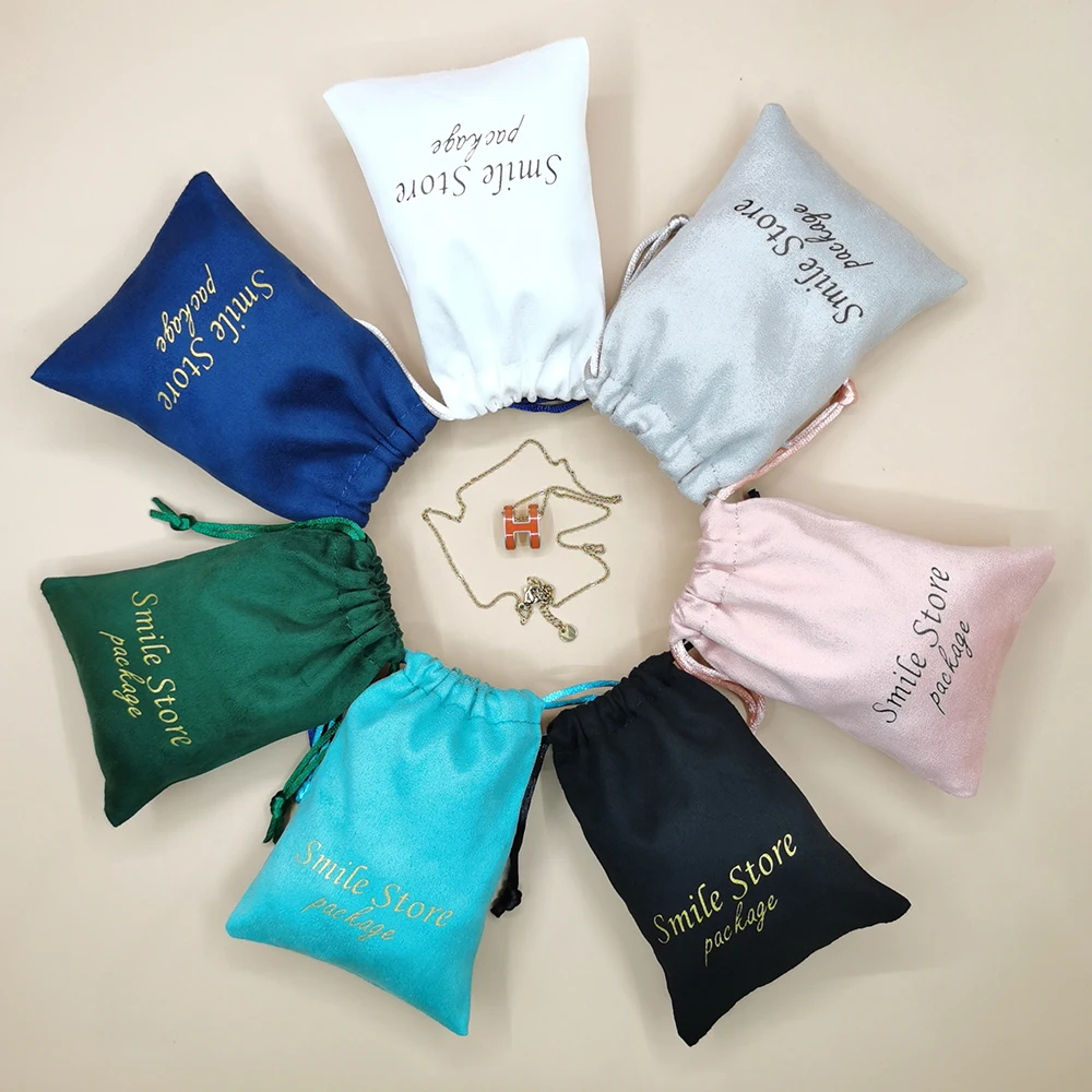 100pcs Personalized Logo Print Jewelry Bags Drawstring Soft Flannel Jewelry Packaging Pouches Velvet Wedding Favor Gift Bags