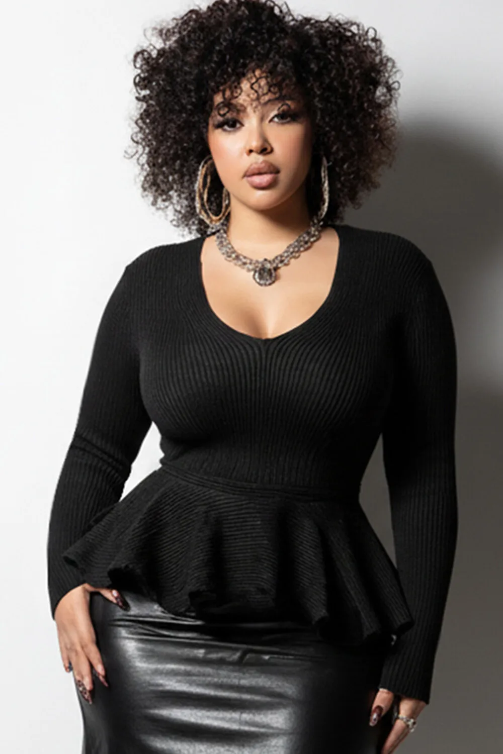 Plus Size Daily Black V Neck Long Sleeve Ruffle Casual Sweaters