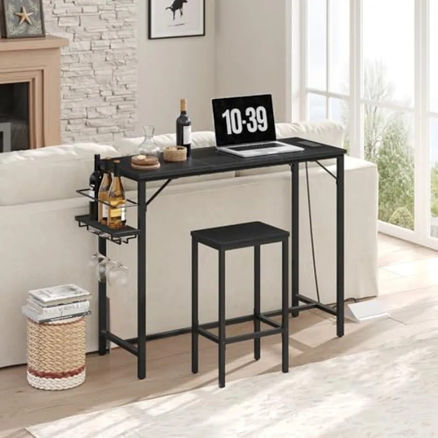 

Барный стол 35,4 дюйма, прямоугольный обеденный стол для паба с зарядной станцией, винной полкой и держателем для стаканов