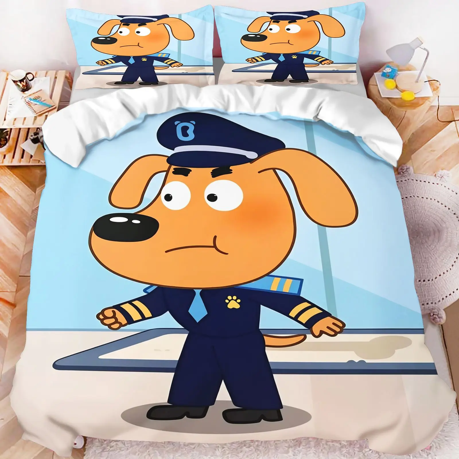 Polyester Sheriff Labrador Cartoon Bedding Set 3D Print Police Dog Duvet Cover Pillow Covers Twin Full Queen King Size